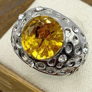 Citrine yellow glass chunky domed cocktail ring silver tone sz 7